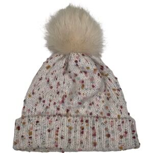 LOFT Women's Knit Beanie Hat Fuzzy Pom Pom Cream Colorful Confetti Cozy‎ Warm
